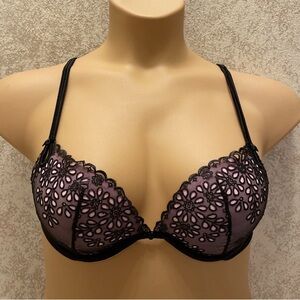 Victoria's Secret Sexy Little Things Bonnet Black and Pink Eyelet Overlay Bra